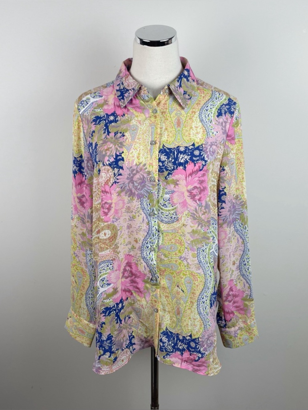 Rose & Olive Pink Yellow Blue Floral Collared Long Sleeve Button Down Blouse Top